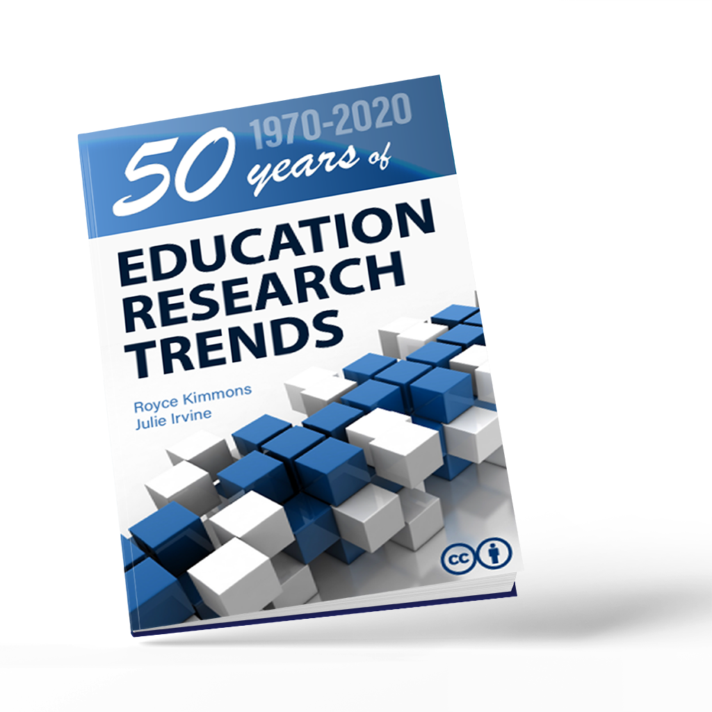 A 3D rendering of a book that reads "50 years (1950-2000) of Education Research Trends."