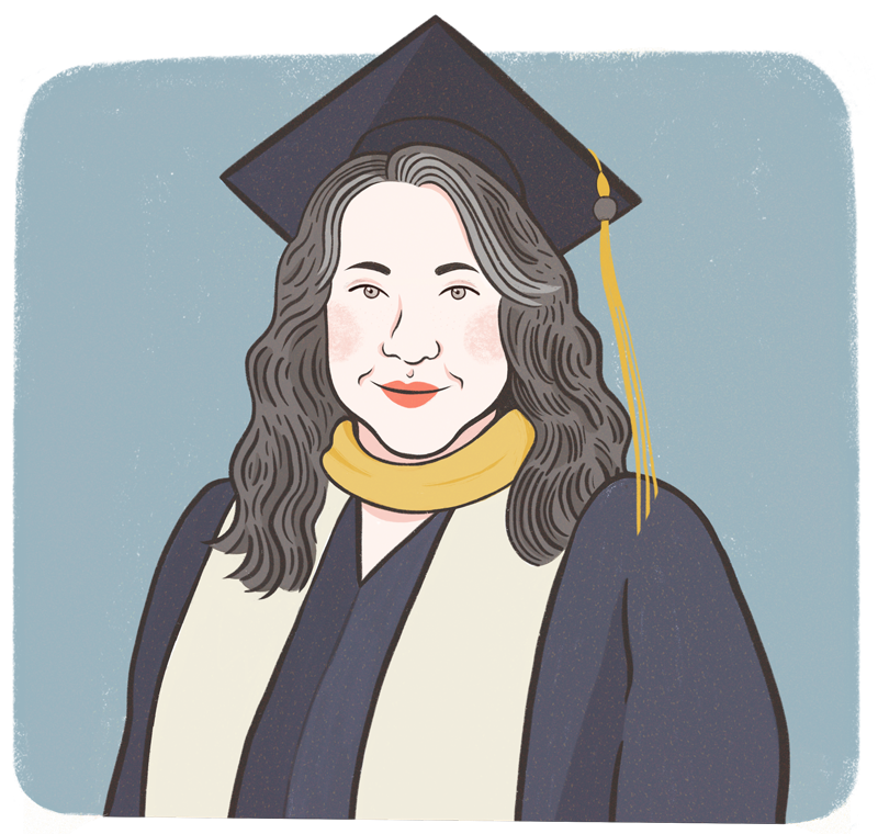 An illustration of a woman with long hair in a graduation cap and gown.