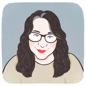 An illustration of a smiling woman with long hair wearing glasses.